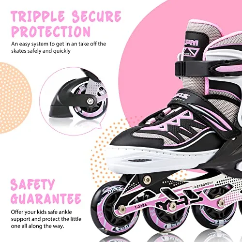 2PM SPORTS Cytia Pink Girls Adjustable Illuminating Inline Skates with Light up Wheels, Fun Flashing Beginner Roller Skates for Kids