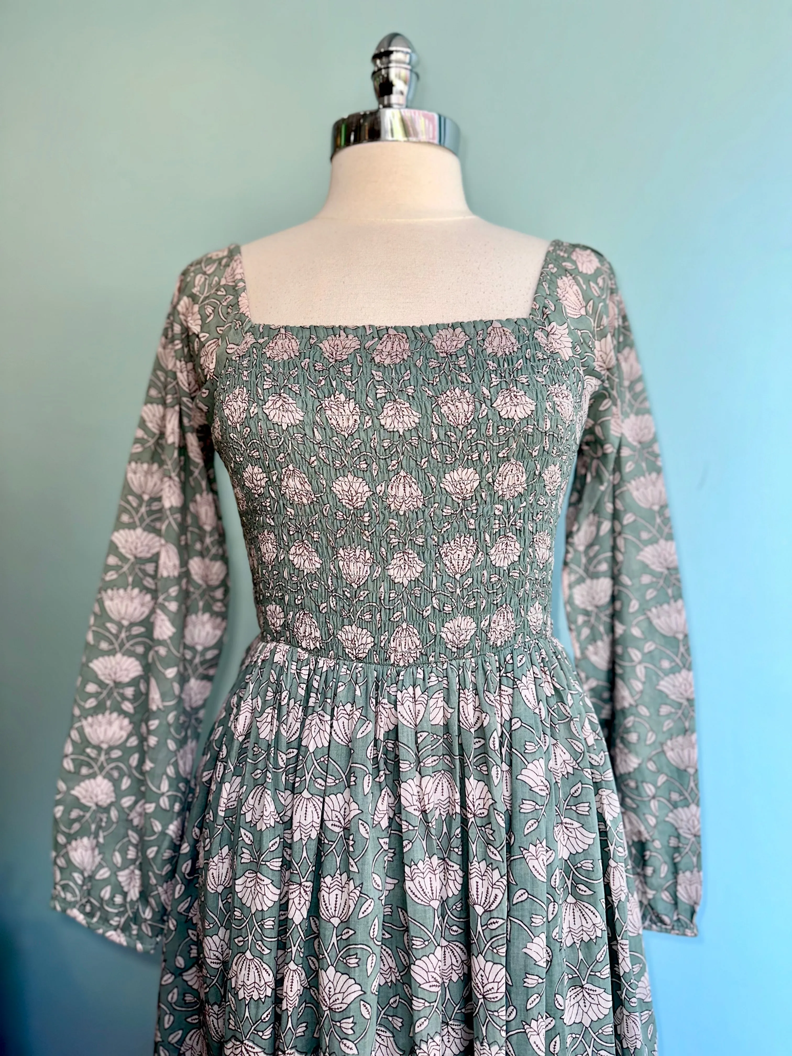 Aegean Teal Floral Smocked Midi Hailee Dress by Mata Traders