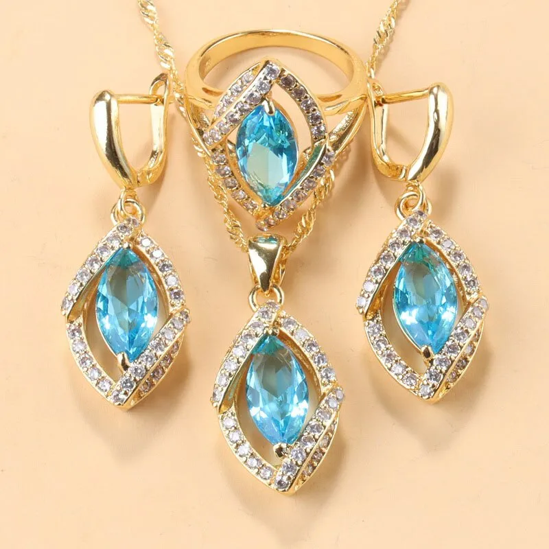 African Bridal Fashion Wedding Jewelry Sets Yellow Gold Colors Women Costume Blue Stone Bracelet And Ring Necklace Sets