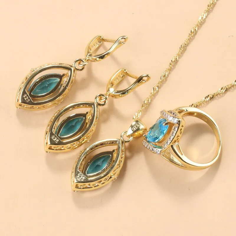 African Bridal Fashion Wedding Jewelry Sets Yellow Gold Colors Women Costume Blue Stone Bracelet And Ring Necklace Sets