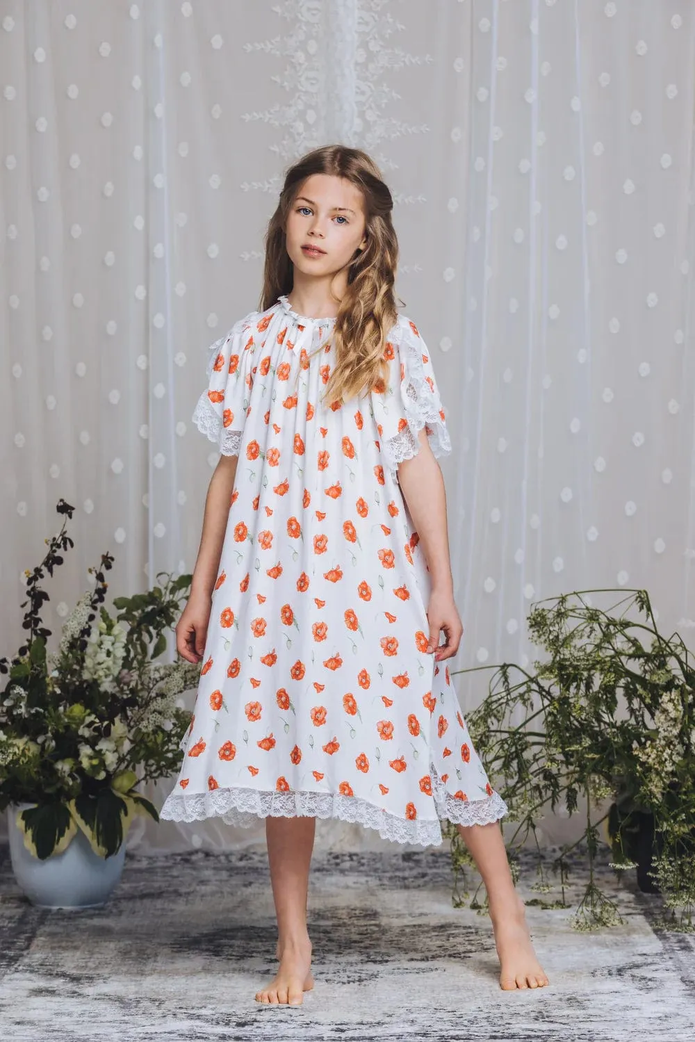 Amiki Children Girls Olivia Poppy Print Nightdress in White