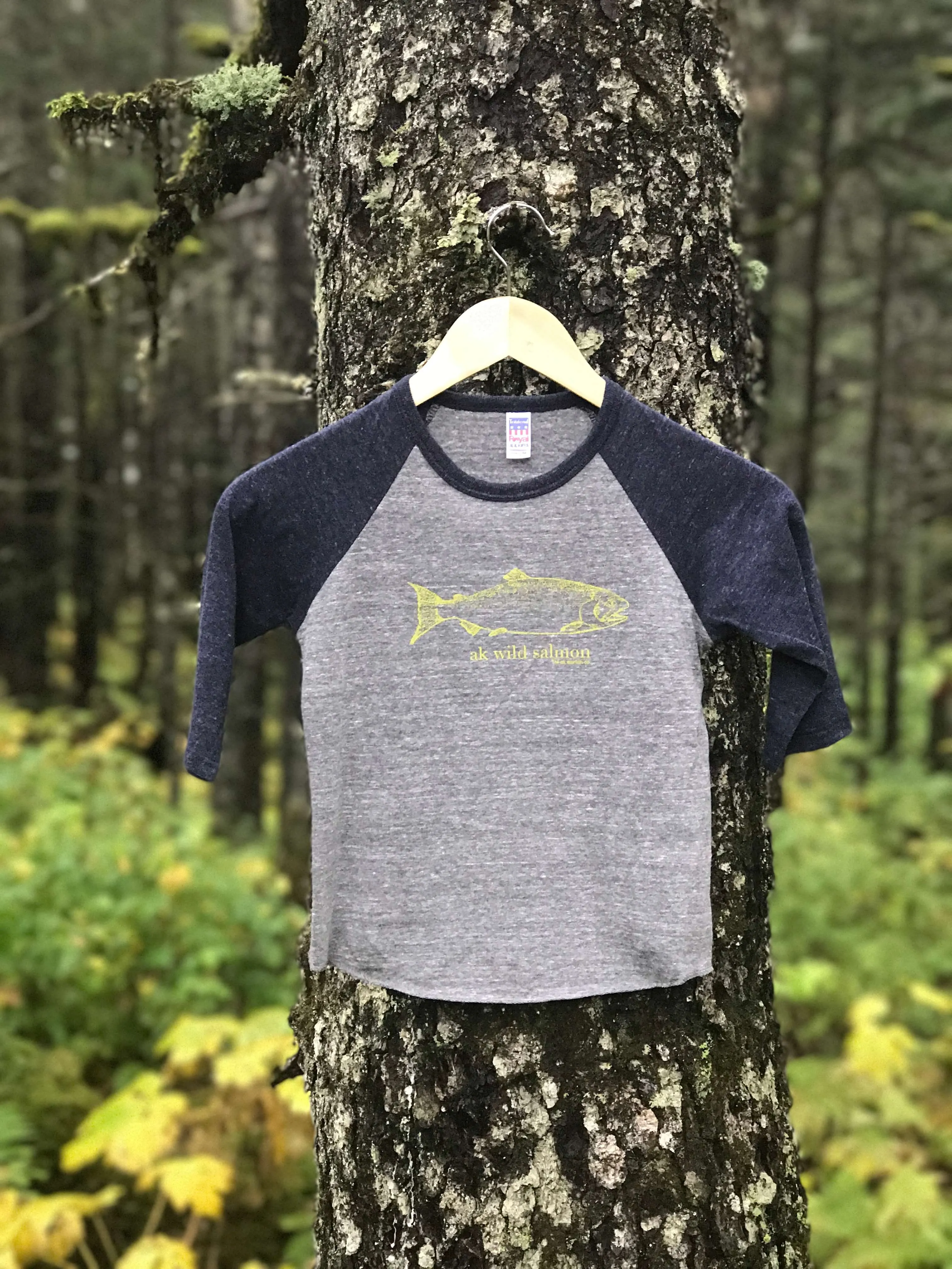 Beach Navy & Heather Gray AK Wild Salmon Children's Baseball Tee $35.00