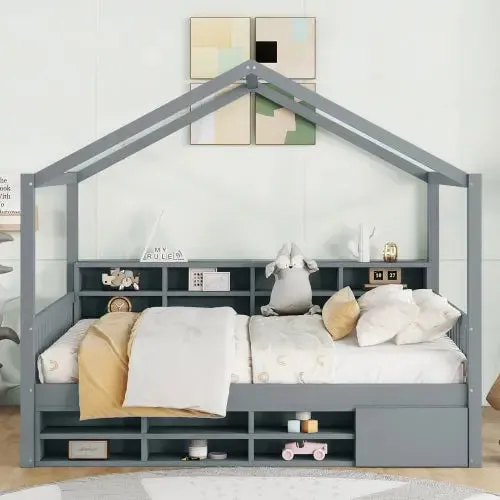 Bellemave® Wooden House Bed with Shelves and a Mini-cabinet