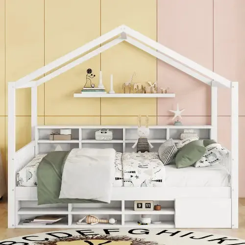 Bellemave® Wooden House Bed with Shelves and a Mini-cabinet