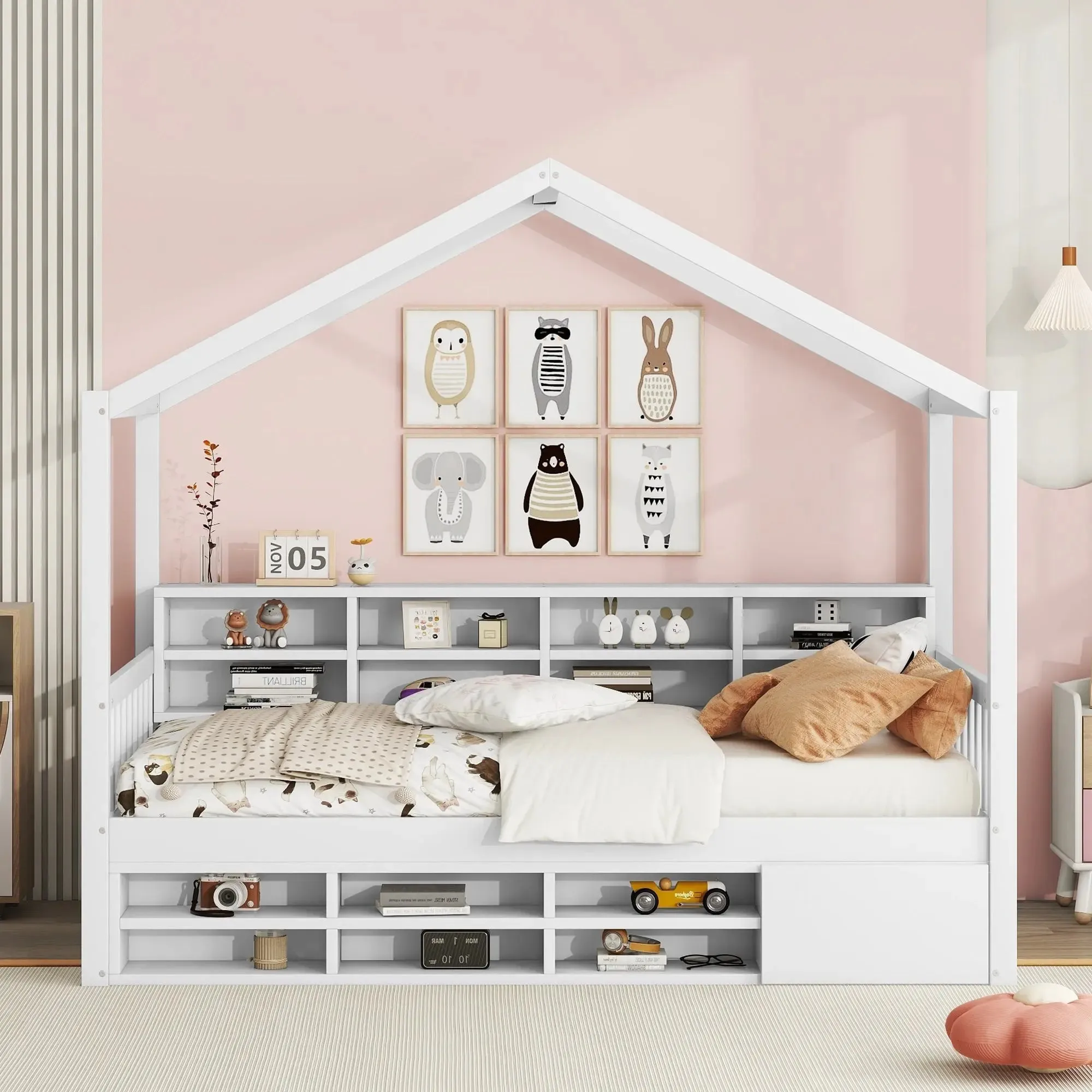 Bellemave® Wooden House Bed with Shelves and a Mini-cabinet