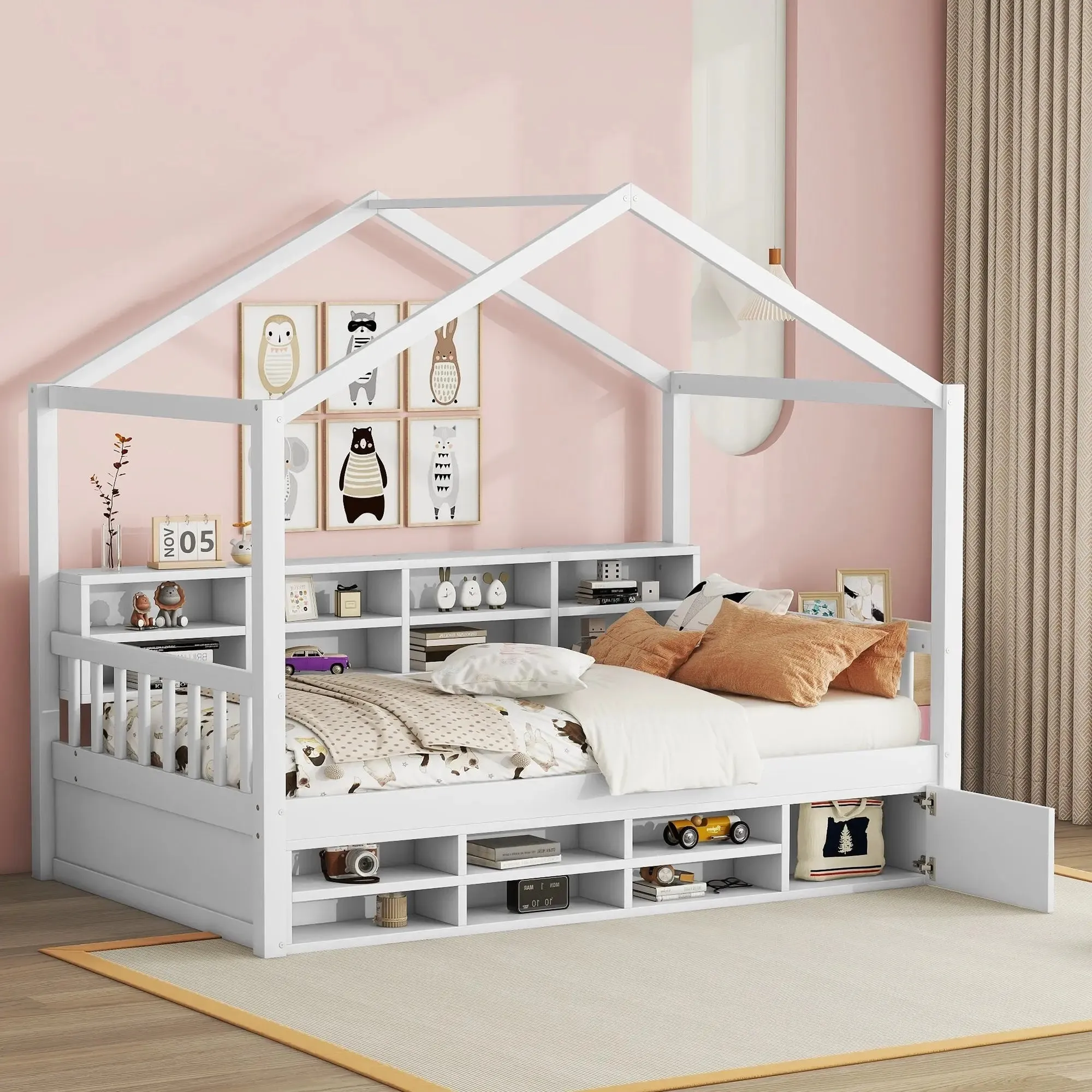 Bellemave® Wooden House Bed with Shelves and a Mini-cabinet