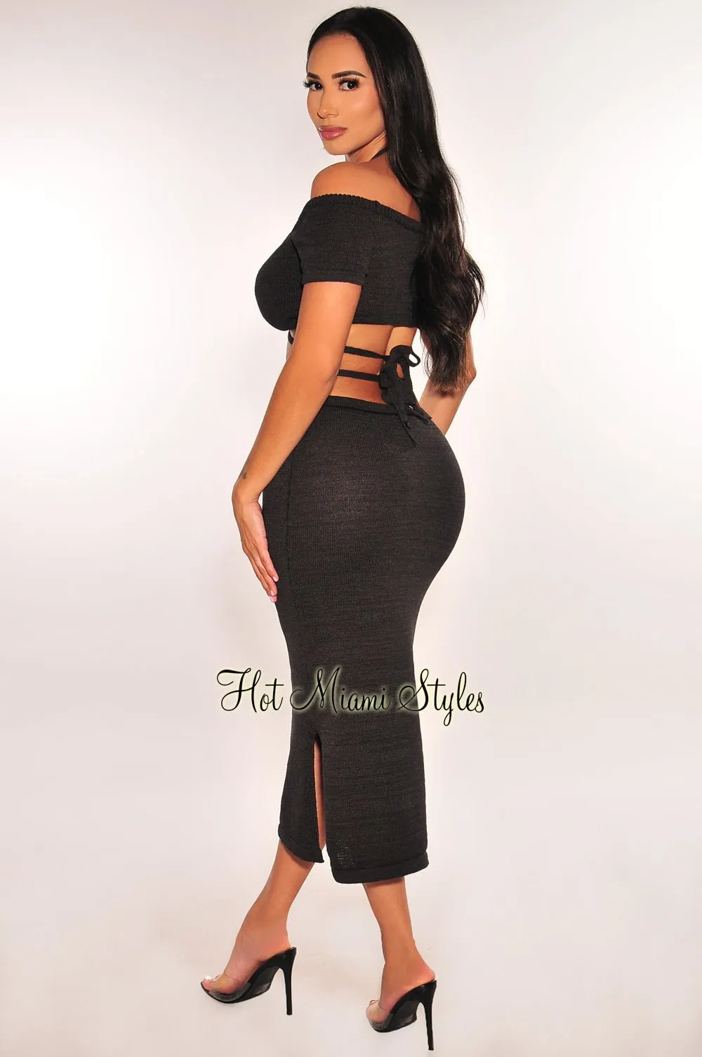 Black Ribbed Knit Halter Off Shoulder Wrap Around Slit Skirt Two Piece Set