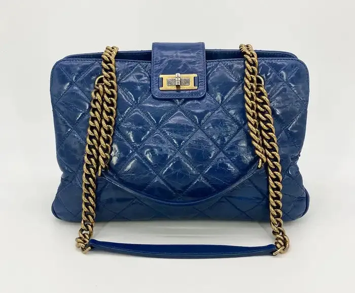 Chanel Blue Glazed Calfskin Quilted Tote Bag