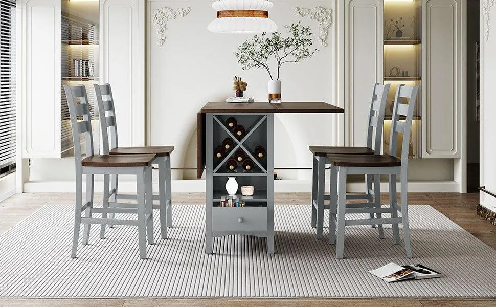 Farmhouse 5-Piece Counter Height Dining Set, Cherry & Gray, with Drop Leaf