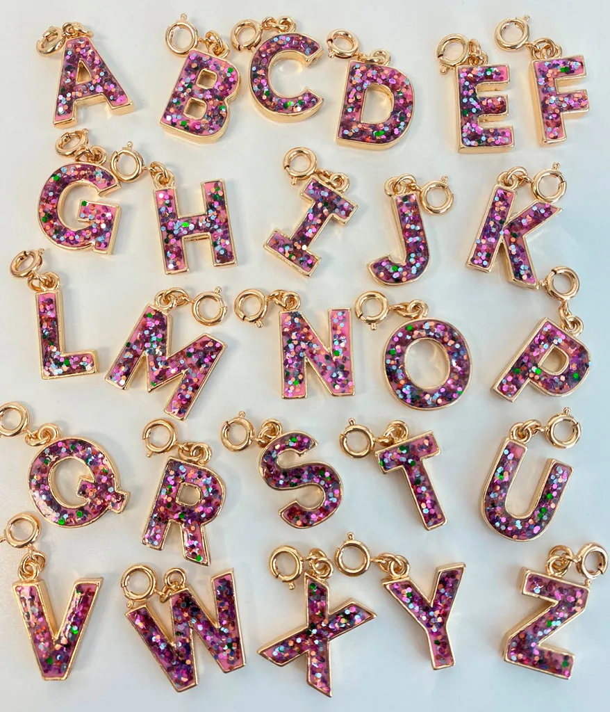 Gold Pink Glitter Letter T Charm