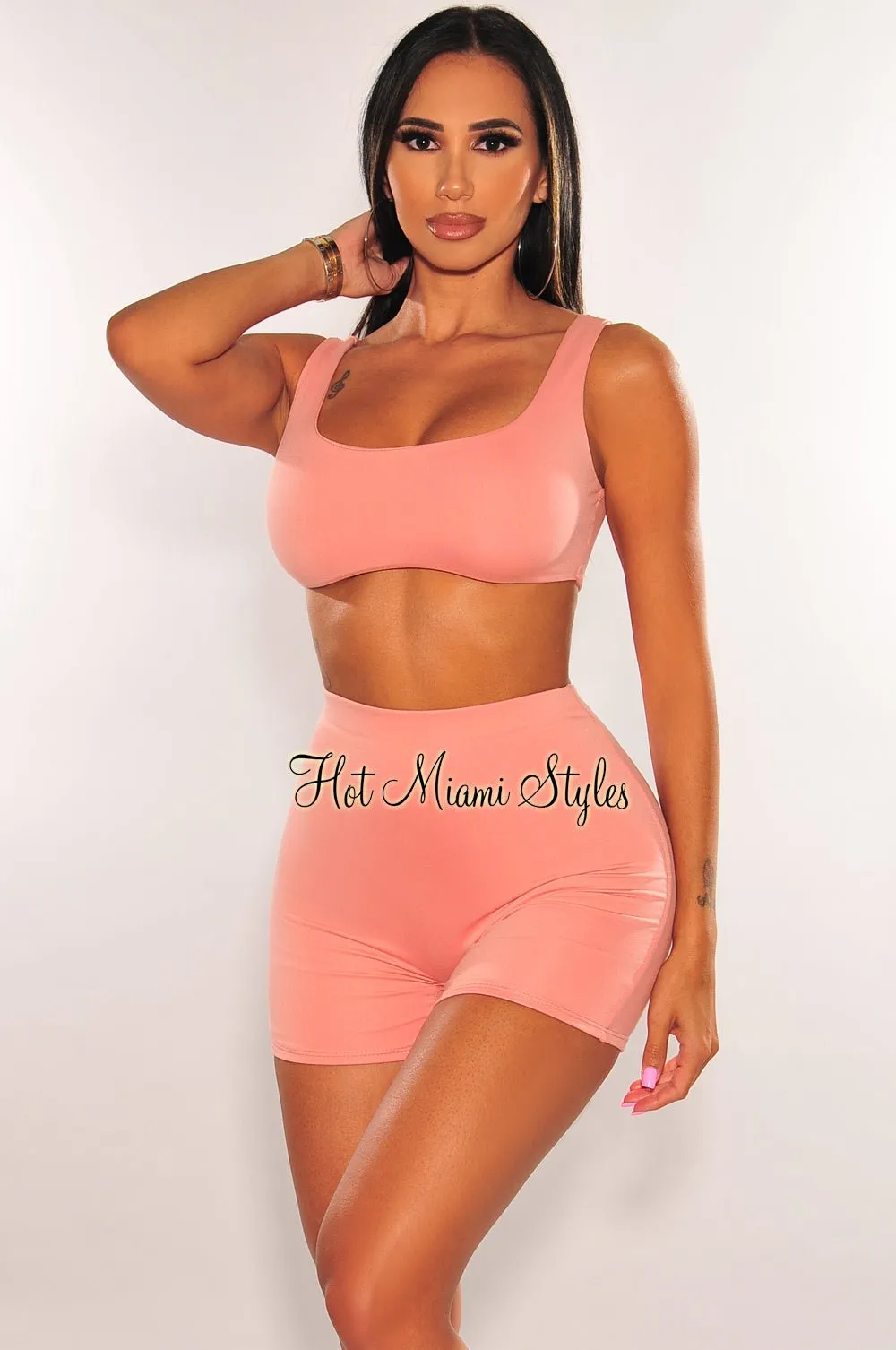 HMS Essential: Blush Crop Top Biker Shorts Two Piece Set