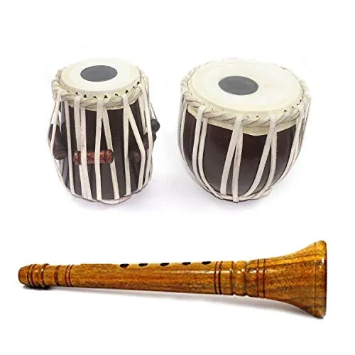 India Meets India Handicraft Miniature Musical Instrumental Set - Clarinet 8.5" and Tabla Drum 7" [Mango Wood - BROWN & YELLOW] - for 5-6 yrs Kids/Home Décor-Best Gift Made By Awarded Indian Artisan