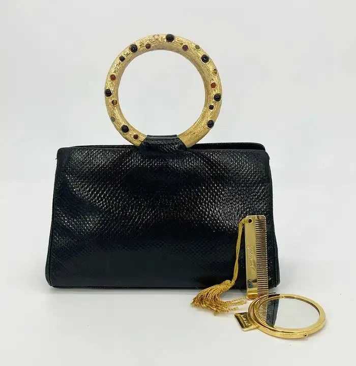 Judith Leiber Black Lizard Round Gold Gemstone Top Handle Bag