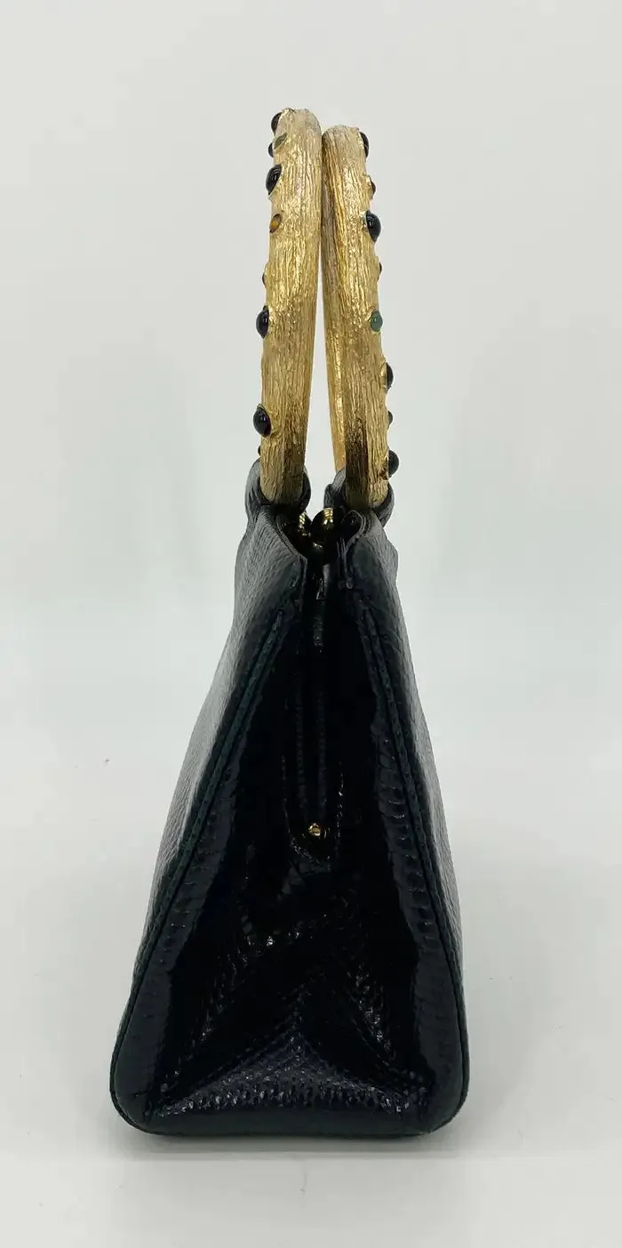 Judith Leiber Black Lizard Round Gold Gemstone Top Handle Bag