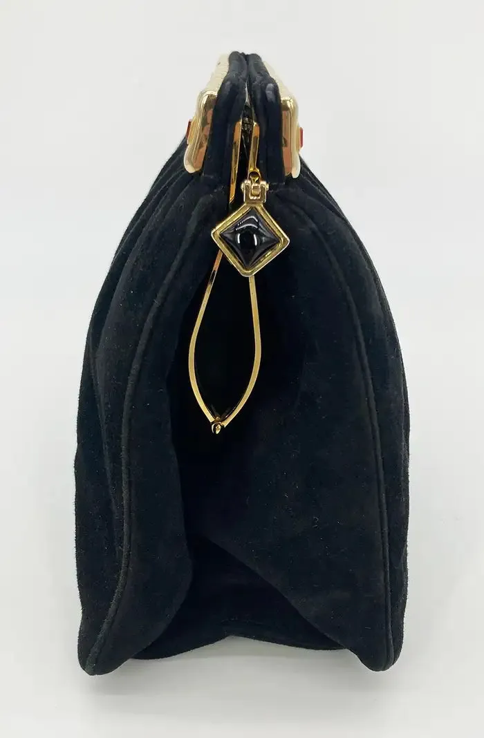 Judith Leiber Black Suede Gemstone Top Clutch