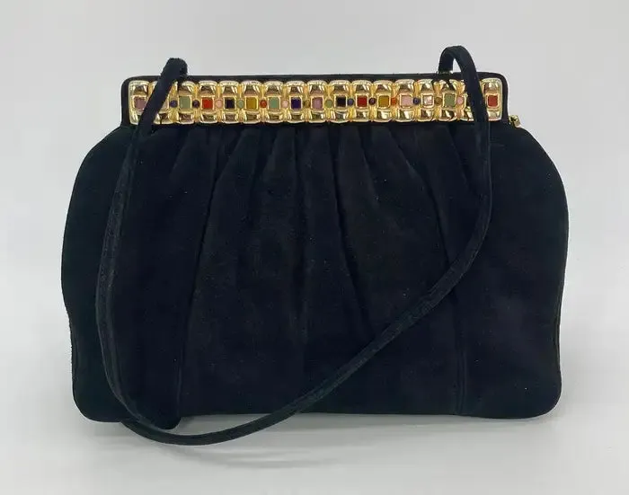 Judith Leiber Black Suede Gemstone Top Clutch