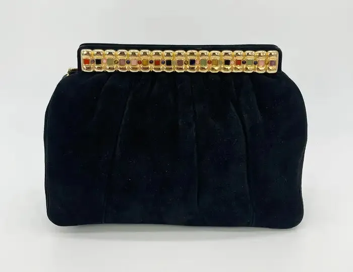 Judith Leiber Black Suede Gemstone Top Clutch