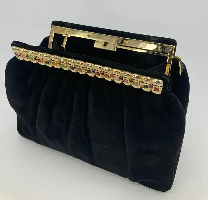 Judith Leiber Black Suede Gemstone Top Clutch