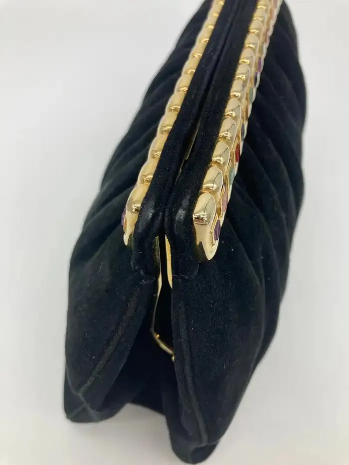 Judith Leiber Black Suede Gemstone Top Clutch