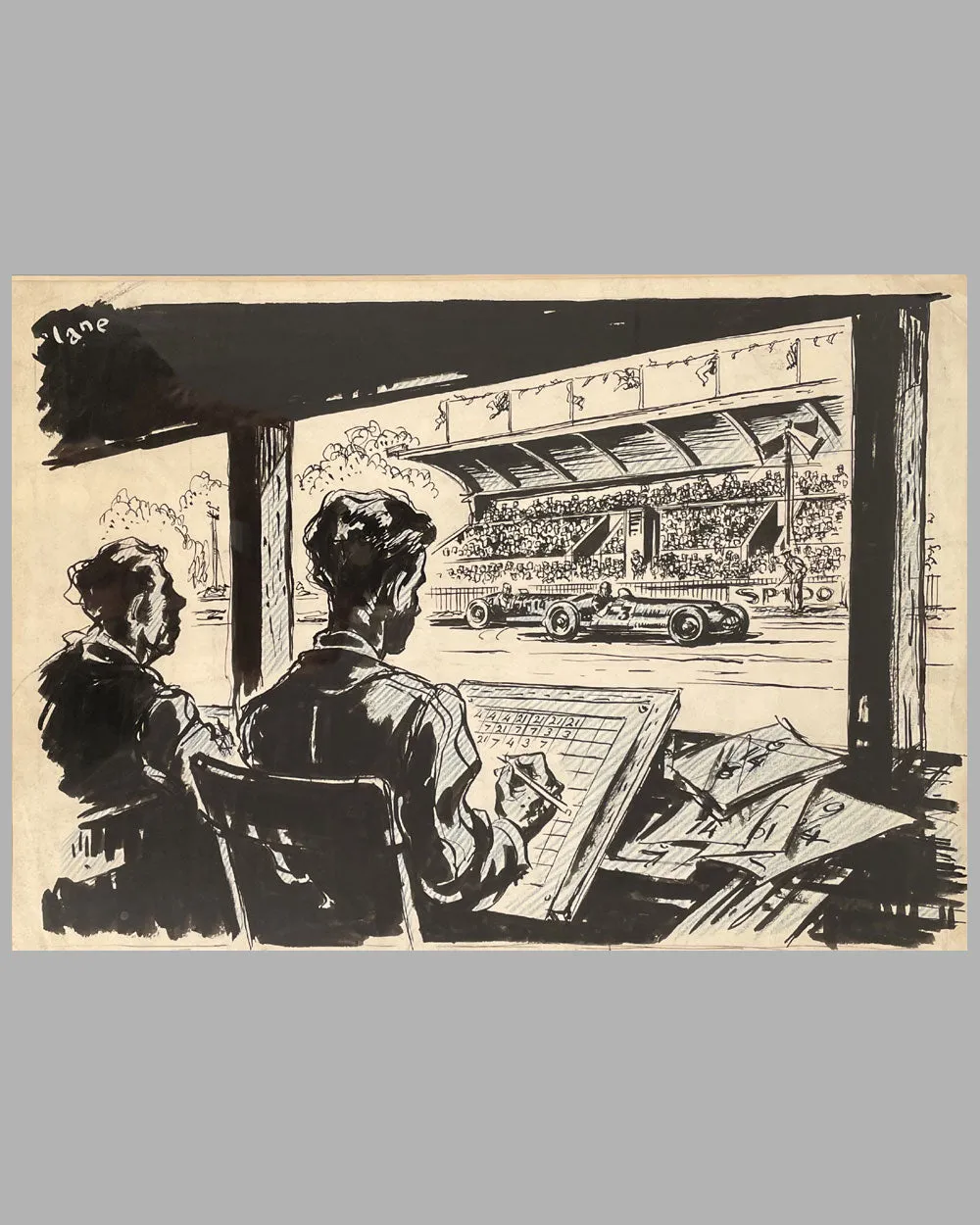 "On the Pit Wall" original illustration by George Lane