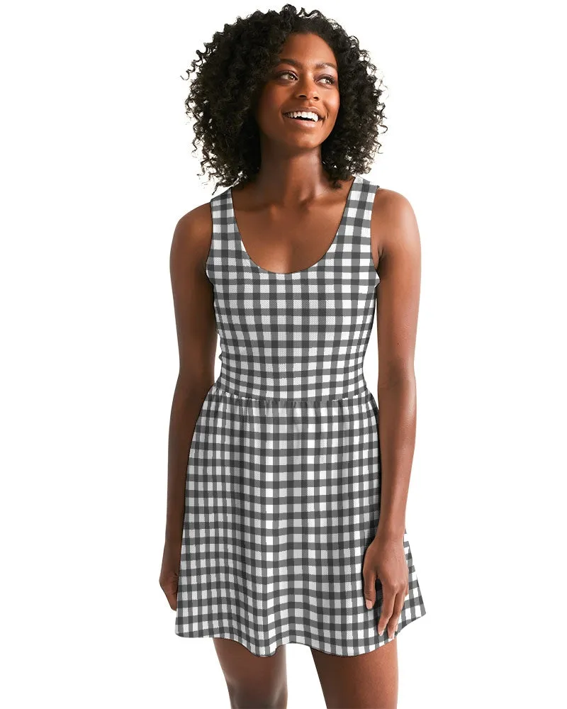 SMF Gingham Print Feminine Scoop Neck Skater Dress