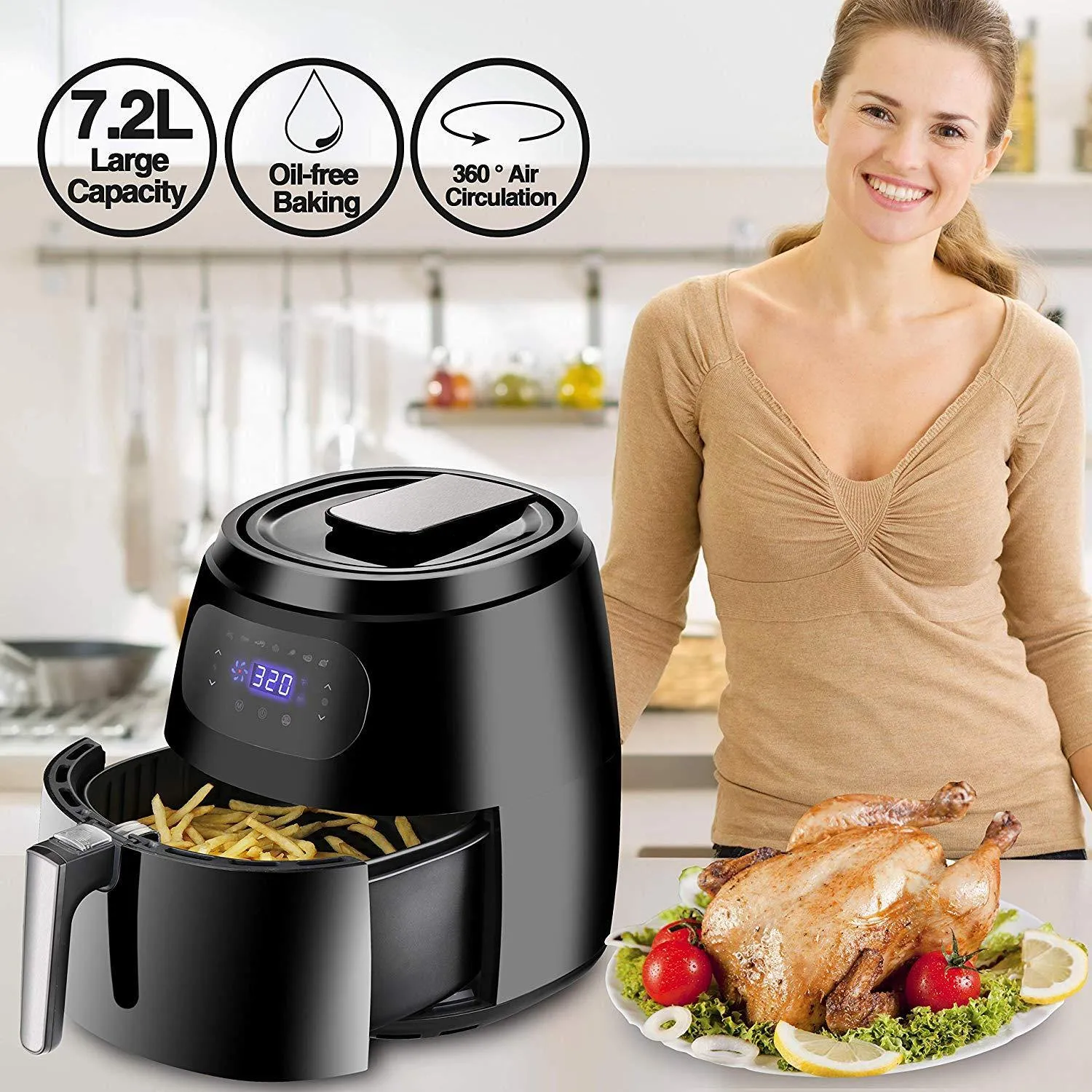 ZENY™ Air Fryer w/Digital Screen, XXL 7.6QT Large,8-15 Modes,1700W w/Auto Off Function &Recipe